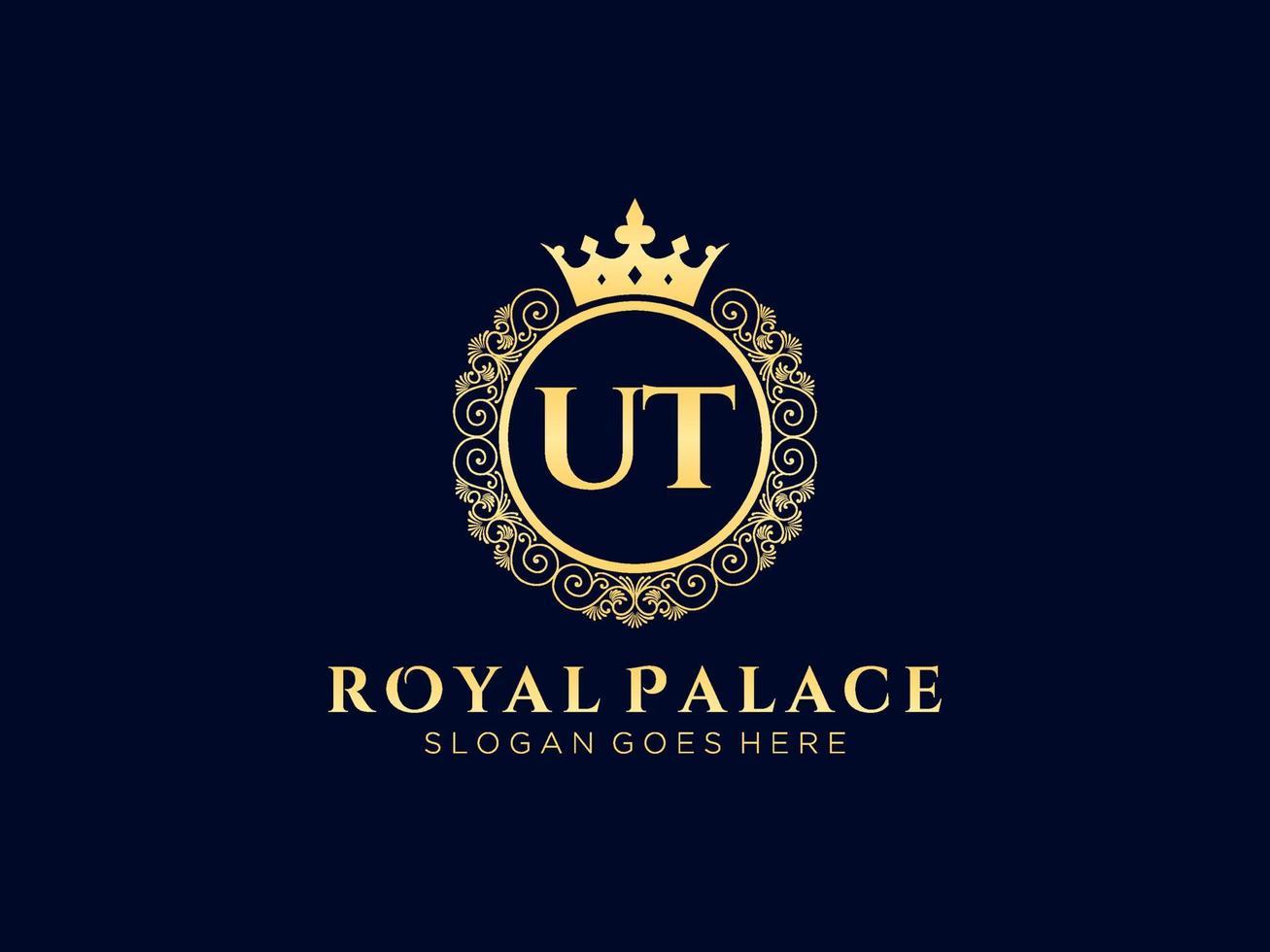 Letter UT Antique royal luxury victorian logo with ornamental frame. vector