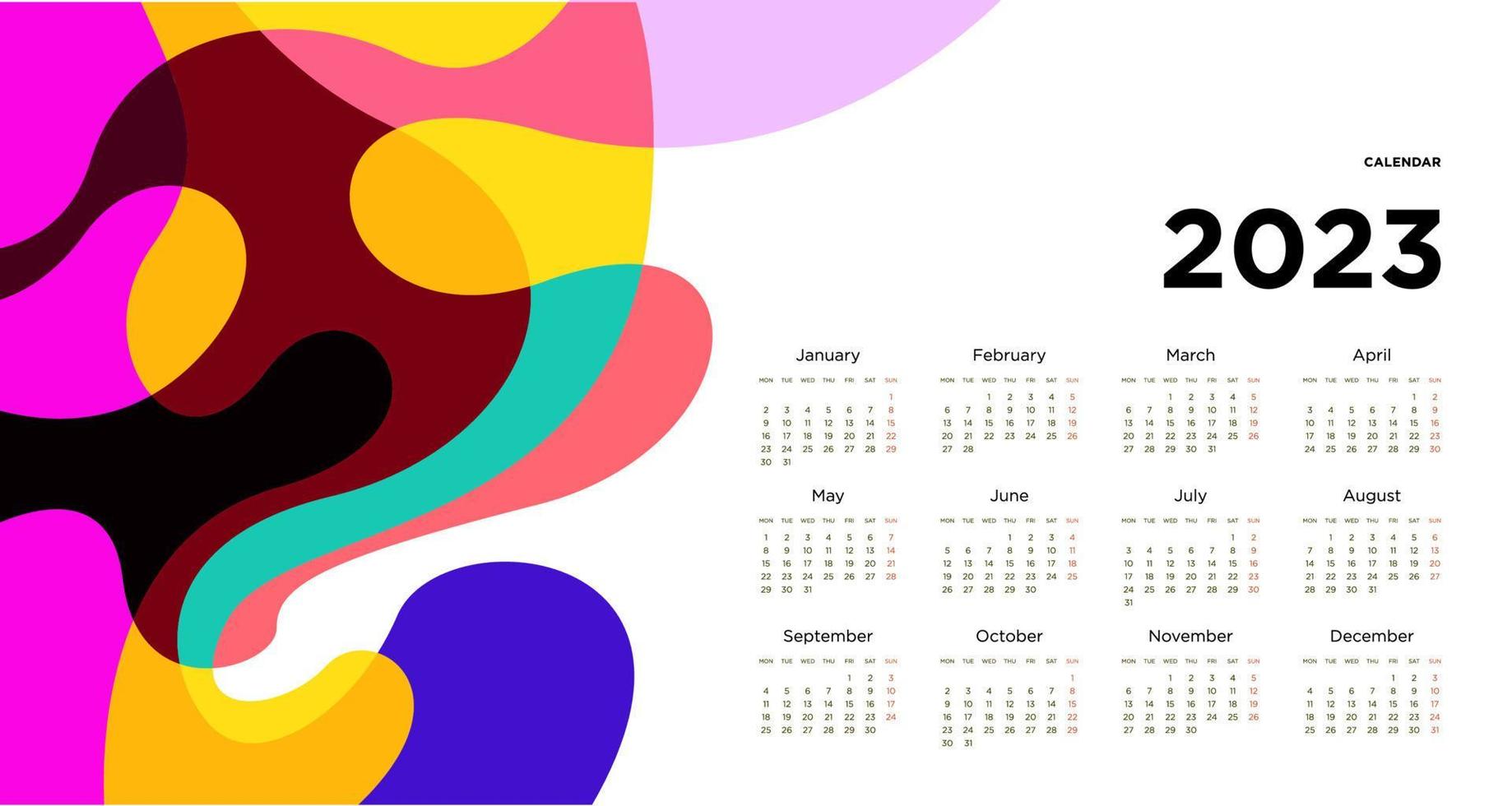 New year 2023 calendar design template with geometric colorful abstract. Vector calendar design.