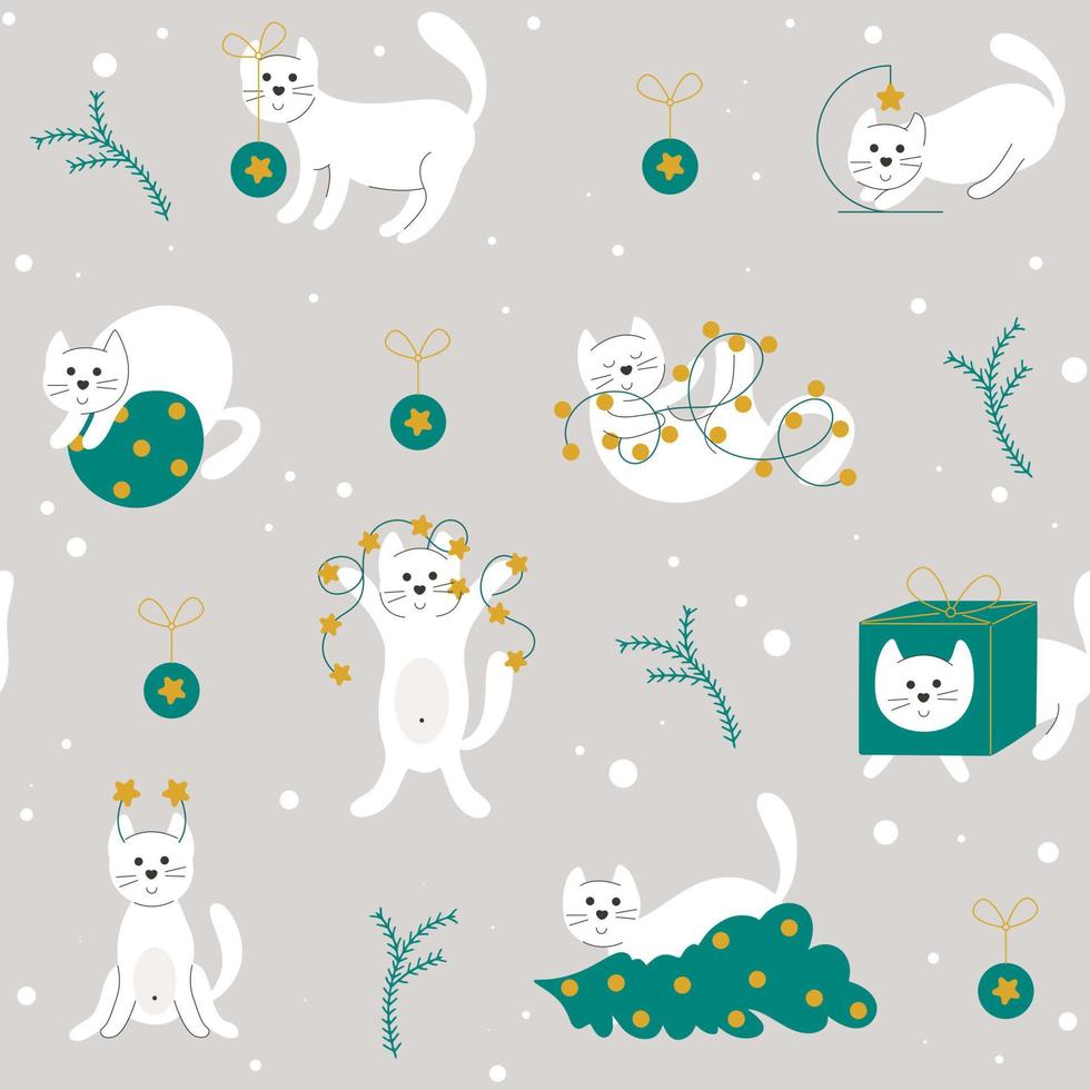 Funny Christmas cats hand drawn seamless pattern vector