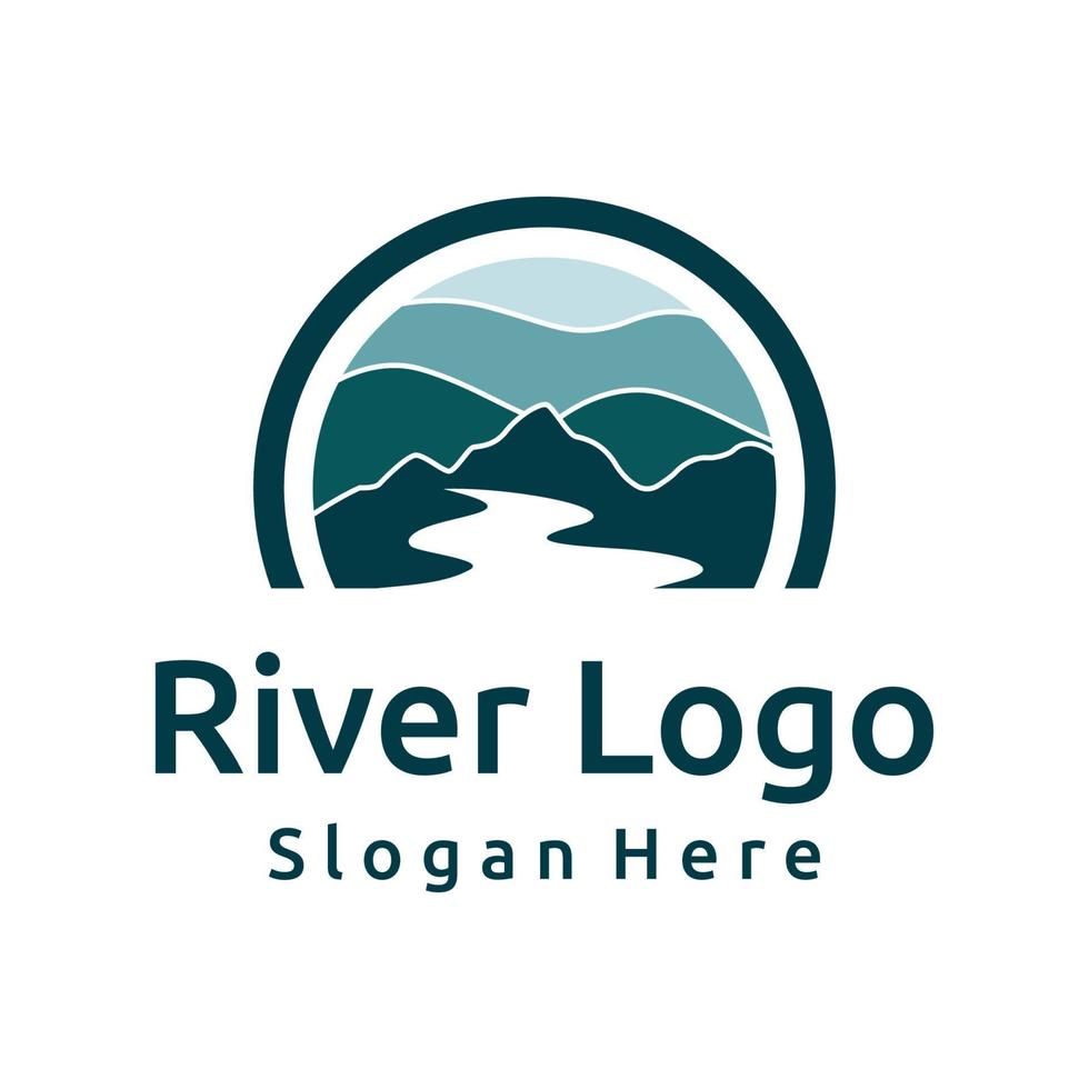 Logos of rivers, creeks, riverbanks and streams. River logo with combination of mountains and farmland with concept design vector illustration template.