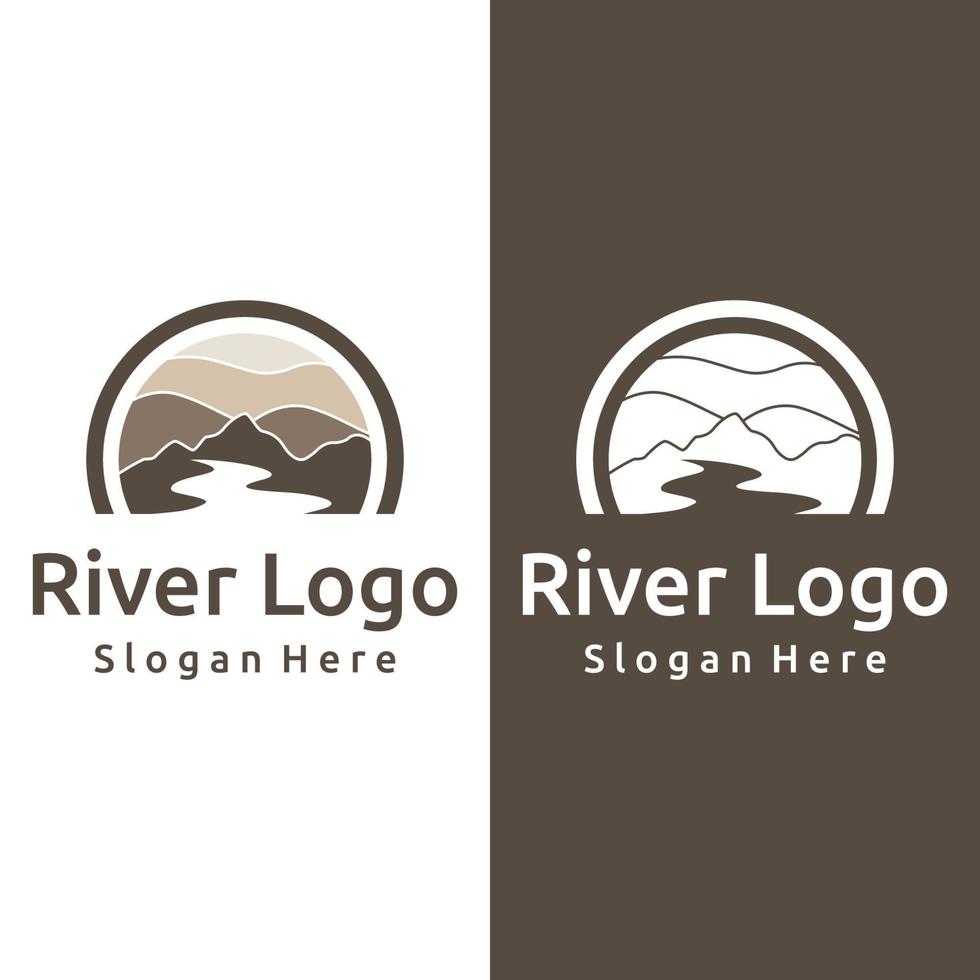 Logos of rivers, creeks, riverbanks and streams. River logo with combination of mountains and farmland with concept design vector illustration template.