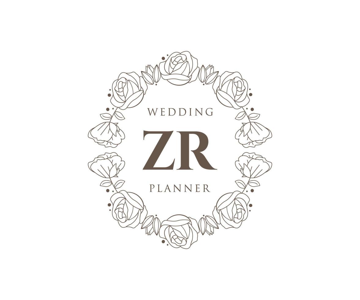 colección de logotipos de monograma de boda con letras iniciales zr, plantillas florales y minimalistas modernas dibujadas a mano para tarjetas de invitación, guardar la fecha, identidad elegante para restaurante, boutique, café en vector