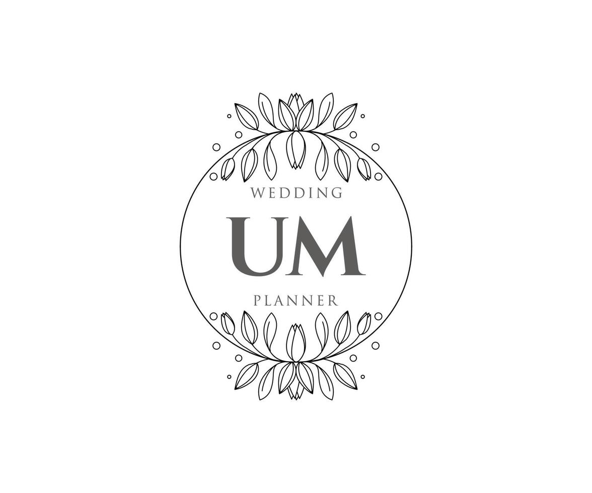 colección de logotipos de monograma de boda con letras iniciales de um, plantillas florales y minimalistas modernas dibujadas a mano para tarjetas de invitación, guardar la fecha, identidad elegante para restaurante, boutique, café en vector