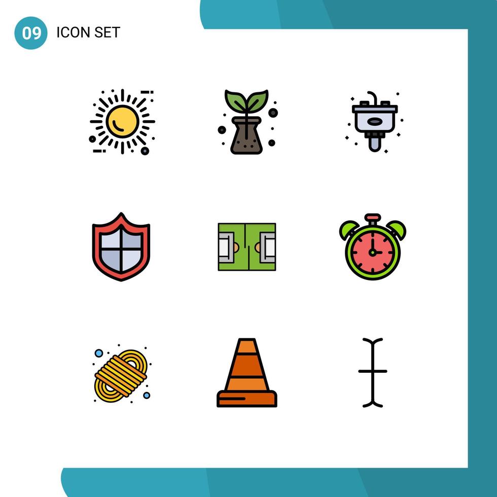 grupo de 9 signos y símbolos de colores planos de línea rellena para elementos de diseño de vectores editables antivirus de seguridad de eliminación de fútbol deportivo
