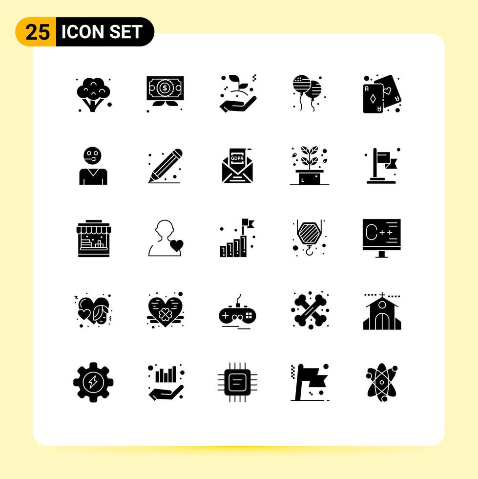 Modern Set of 25 Solid Glyphs Pictograph of game cards growth american bloons Editable Vector Design Elements