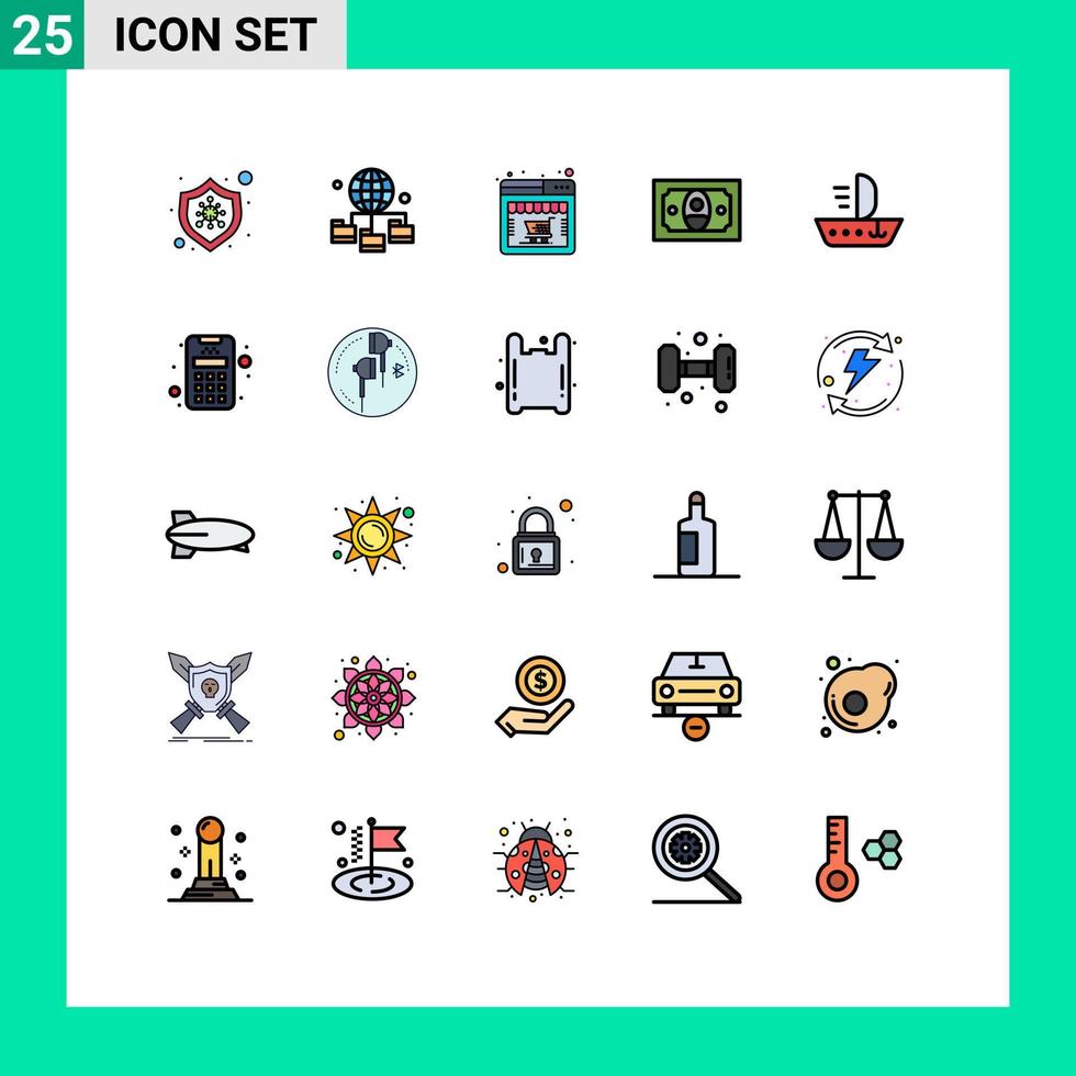 Group of 25 Filled line Flat Colors Signs and Symbols for skiff sail online money cash Editable Vector Design Elements