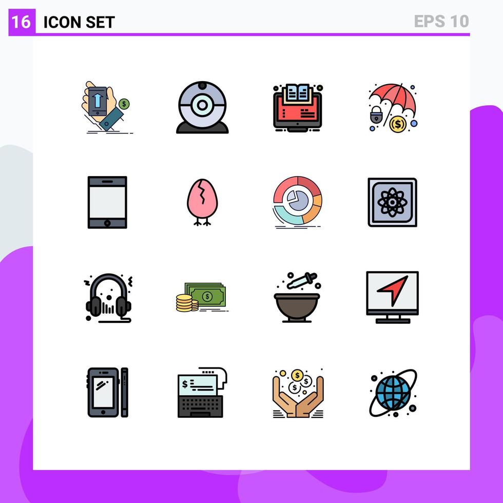 Pack of 16 Modern Flat Color Filled Lines Signs and Symbols for Web Print Media such as device dollar protection learning cyber crime online Editable Creative Vector Design Elements