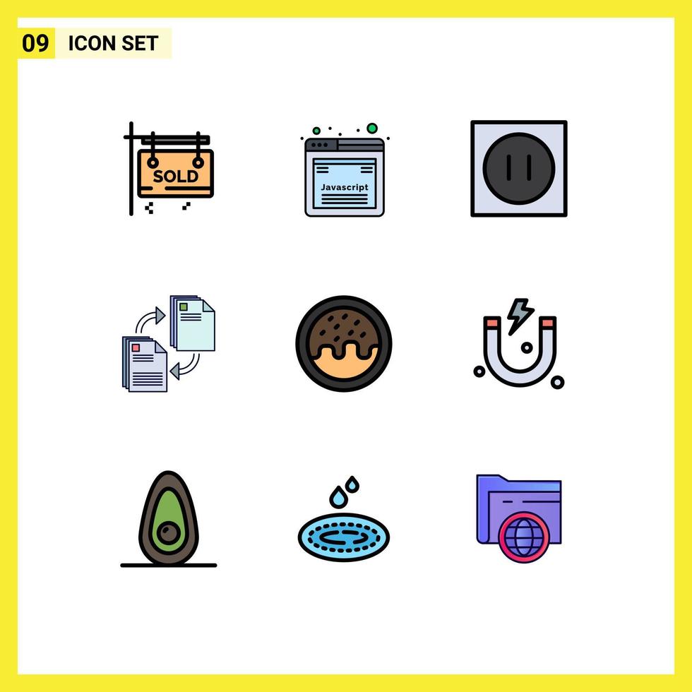9 User Interface Filledline Flat Color Pack of modern Signs and Symbols of dessert document appliances file sharing Editable Vector Design Elements