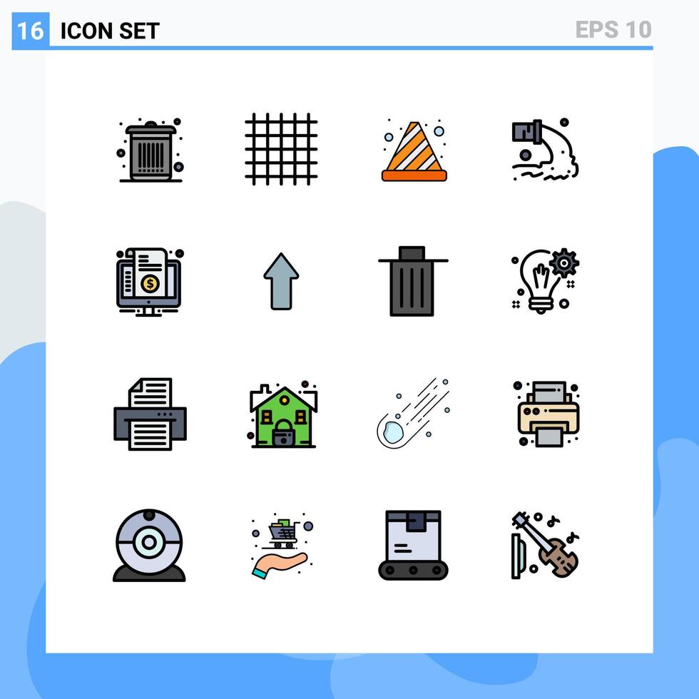 Mobile Interface Flat Color Filled Line Set of 16 Pictograms of bill sewage cone radioactive pipe Editable Creative Vector Design Elements