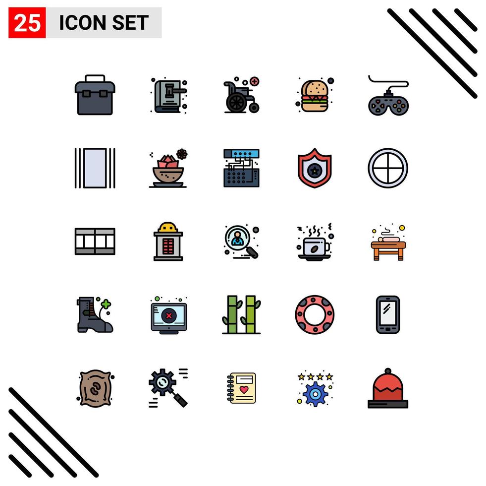 Mobile Interface Filled line Flat Color Set of 25 Pictograms of game controller law book food burger Editable Vector Design Elements