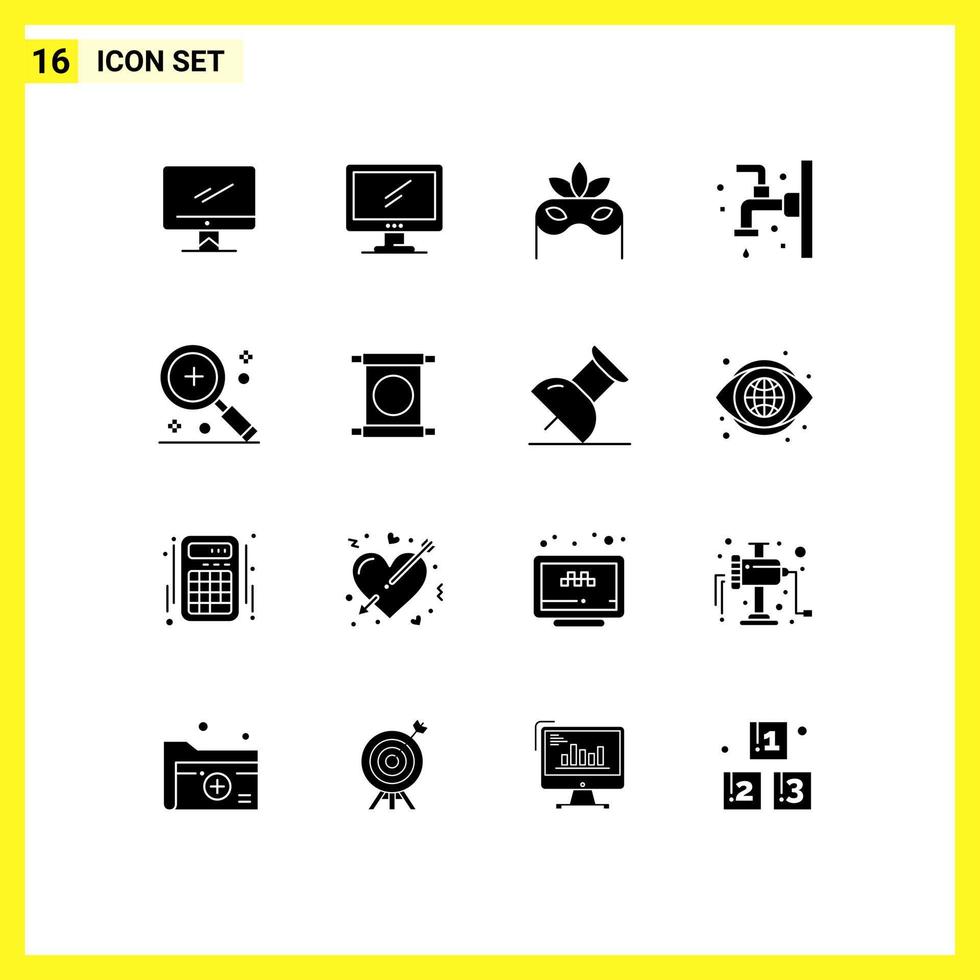 Pack of 16 Modern Solid Glyphs Signs and Symbols for Web Print Media such as ui in bath find shower Editable Vector Design Elements