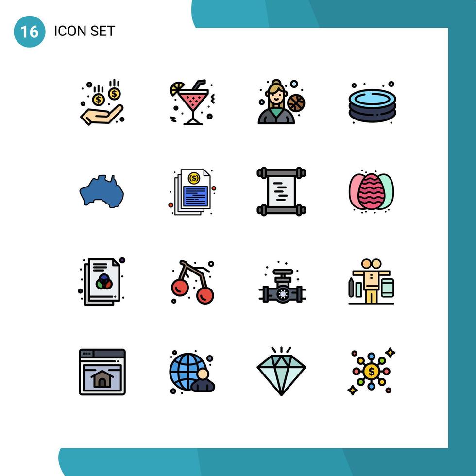 Flat Color Filled Line Pack of 16 Universal Symbols of map country female player australian park Editable Creative Vector Design Elements