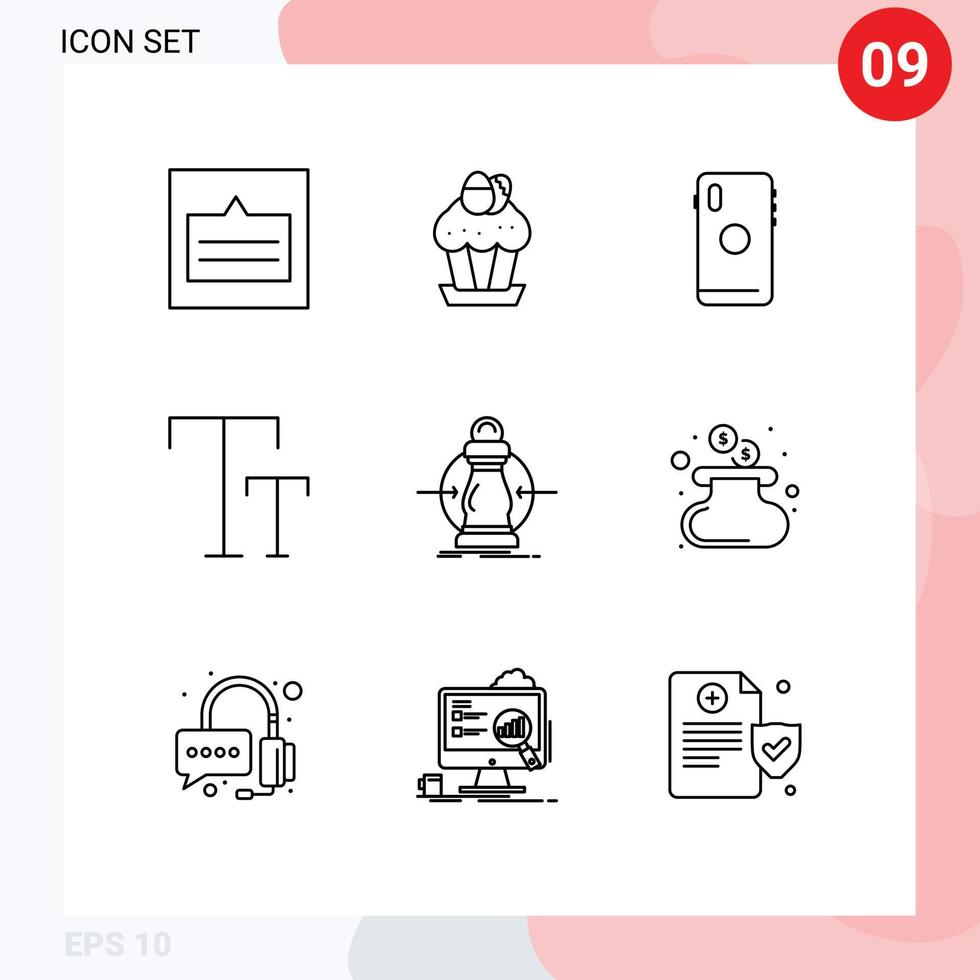 Group of 9 Modern Outlines Set for text big food camera mobile Editable Vector Design Elements