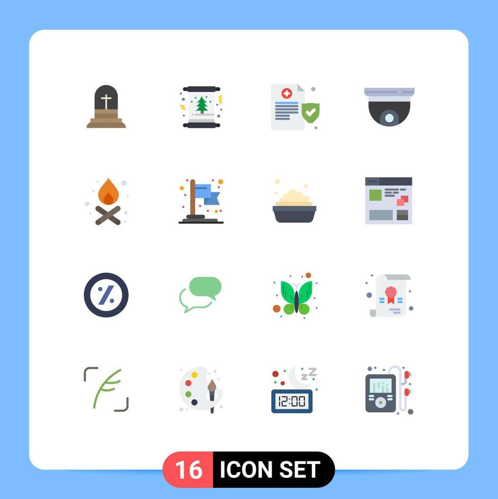 16 colores planos vectoriales temáticos y símbolos editables de cámara de techo de invierno de seguridad de hoguera paquete editable de elementos de diseño de vectores creativos