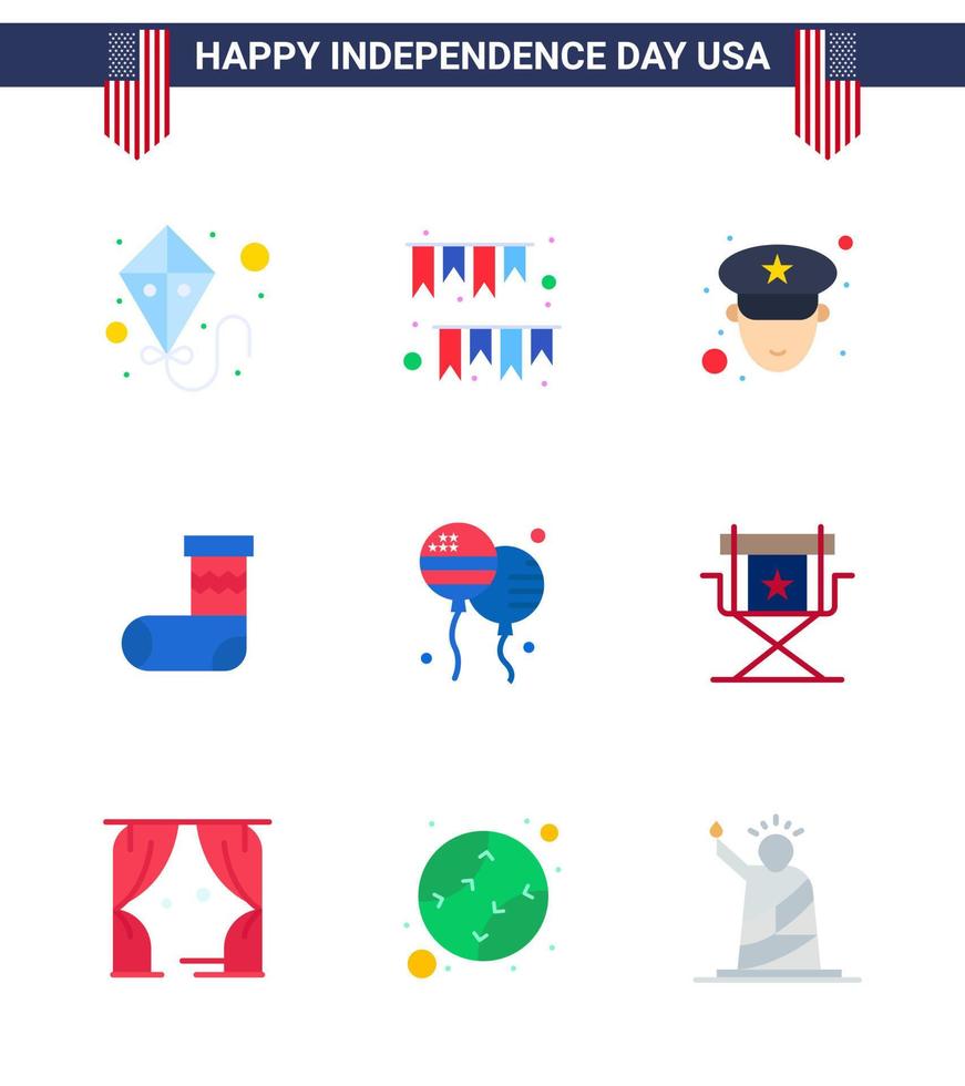 USA Independence Day Flat Set of 9 USA Pictograms of fly bloon man gift christmas Editable USA Day Vector Design Elements