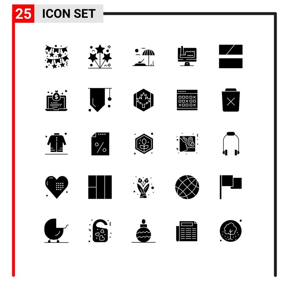 conjunto de pictogramas de 25 glifos sólidos simples de edición de imágenes edificio de fábrica de playa elementos de diseño vectorial editables vector