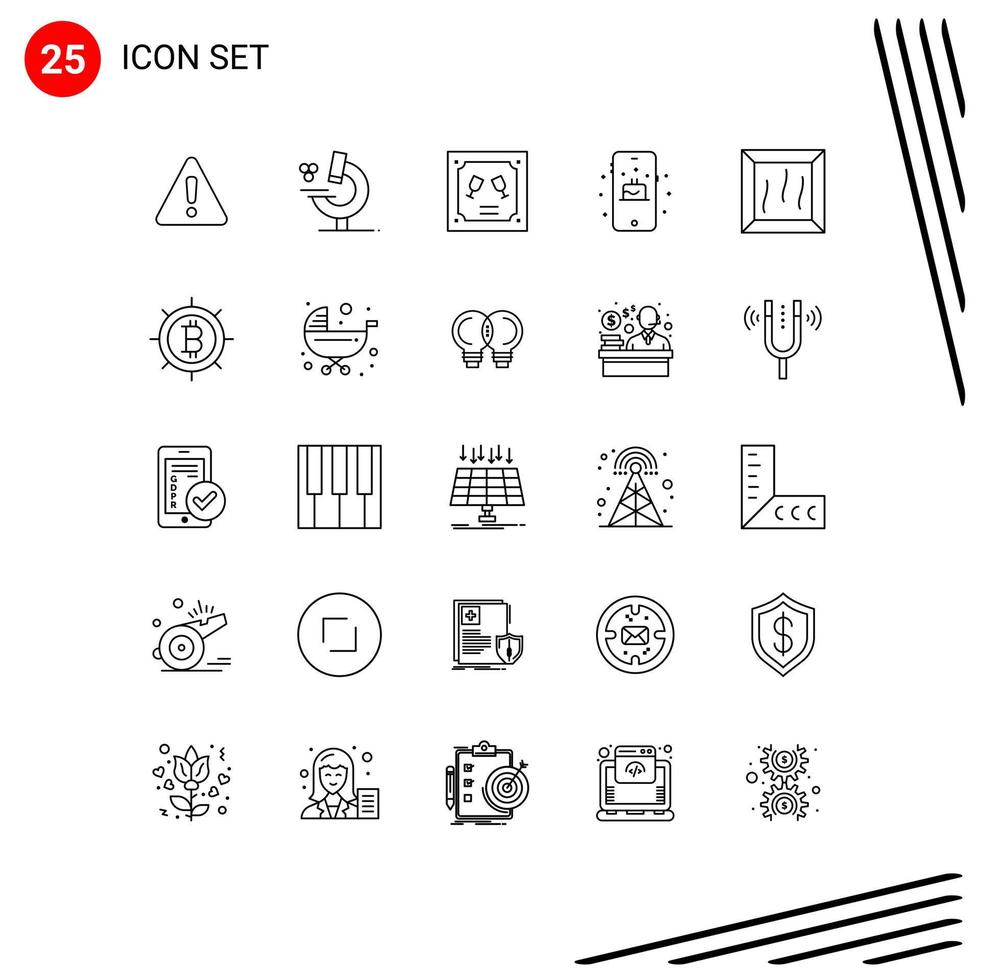 User Interface Pack of 25 Basic Lines of bitcoin crate envelope bundle mobile Editable Vector Design Elements