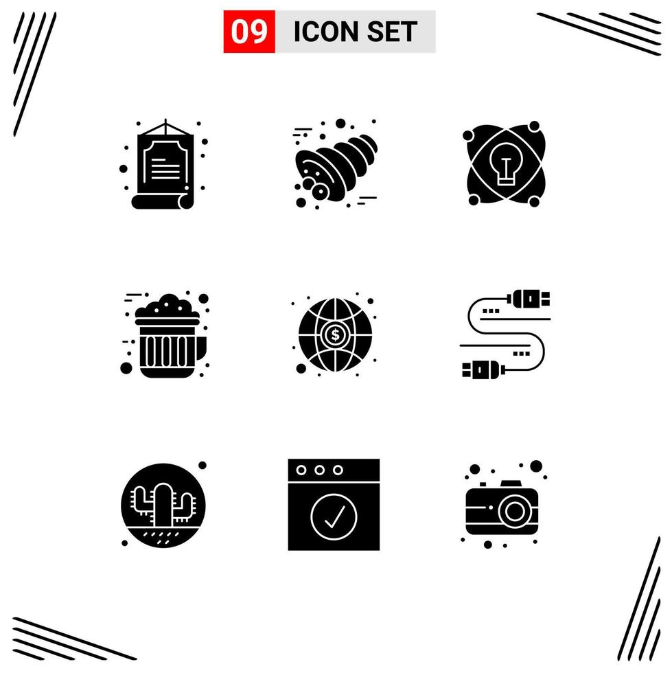 Modern Set of 9 Solid Glyphs Pictograph of money global bulb hot cocoa Editable Vector Design Elements