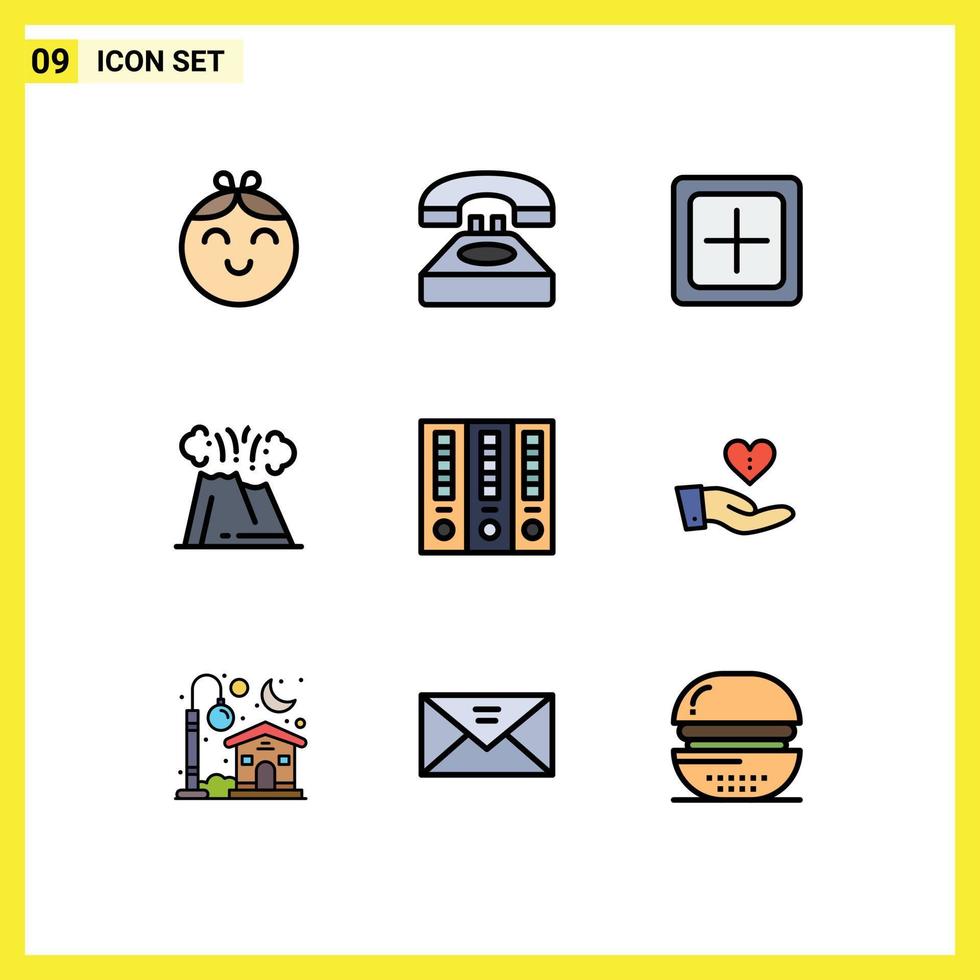 Editable Vector Line Pack of 9 Simple Filledline Flat Colors of disaster volcano add eruption plus Editable Vector Design Elements