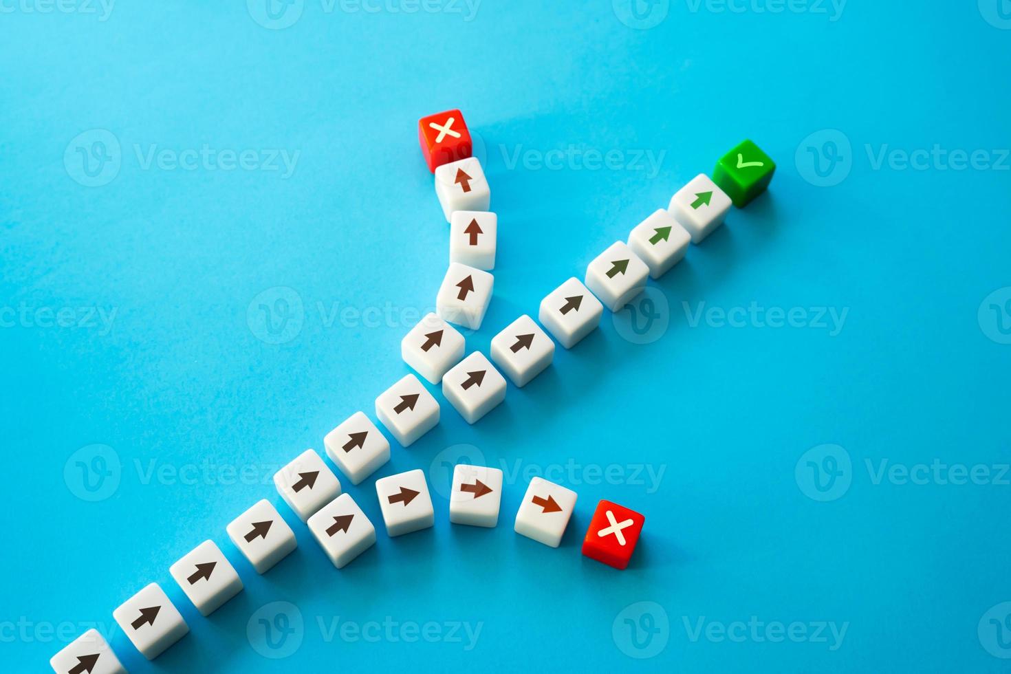 Right decisions and way to success. Persistently move towards the goal, do not turn off the path. Choosing a further path, alternative options. Fork concept. Forecasting. Intuition and experience photo