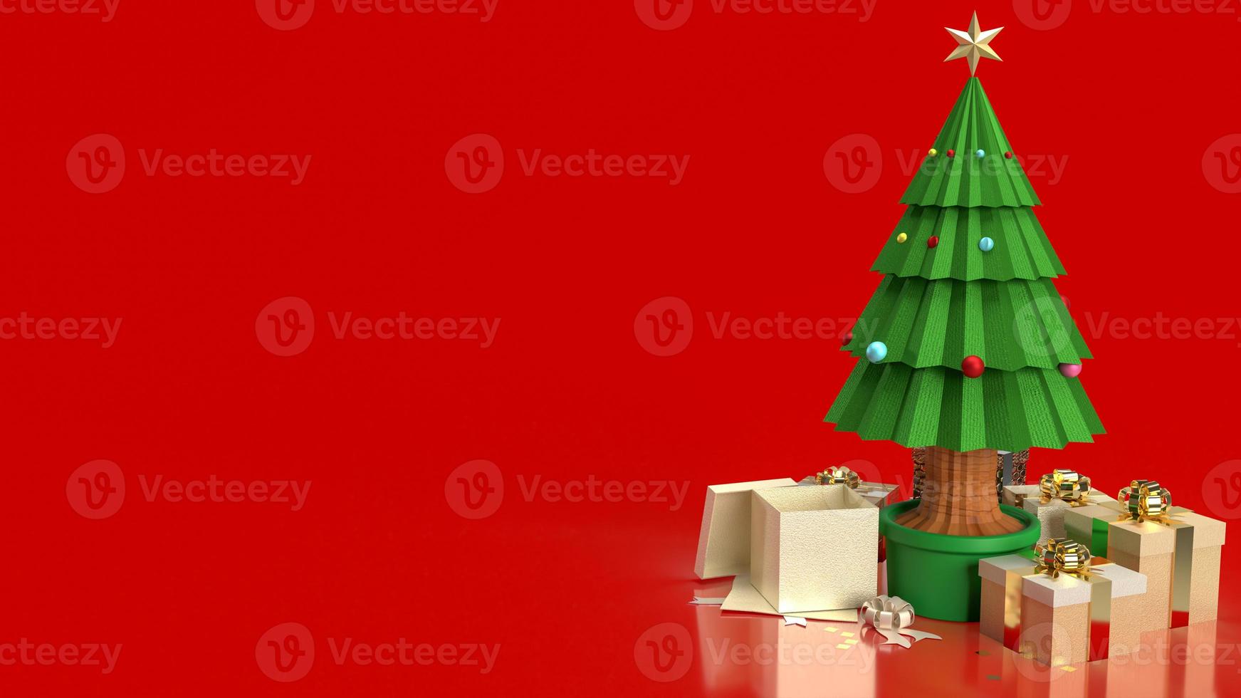 The Christmas tree and gift box on red background for holiday concept 3d rendering photo