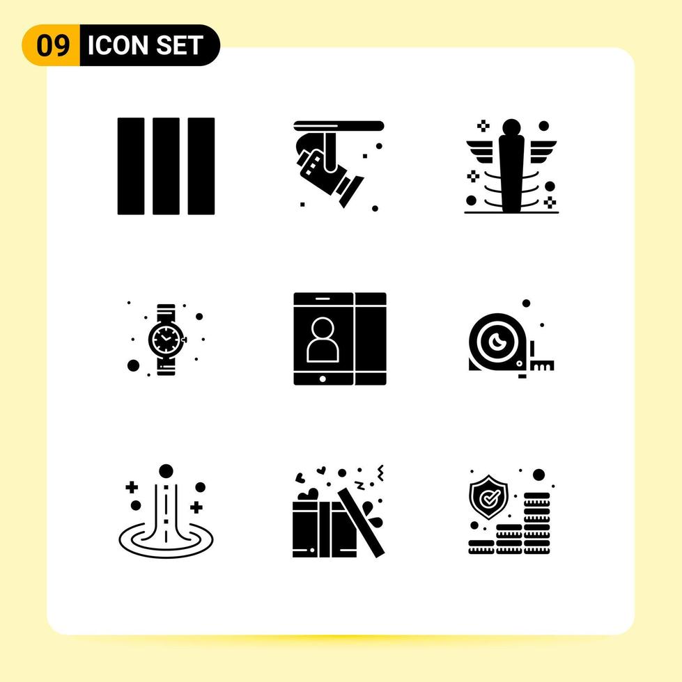 Editable Vector Line Pack of 9 Simple Solid Glyphs of user mobile health watch hand watch Editable Vector Design Elements