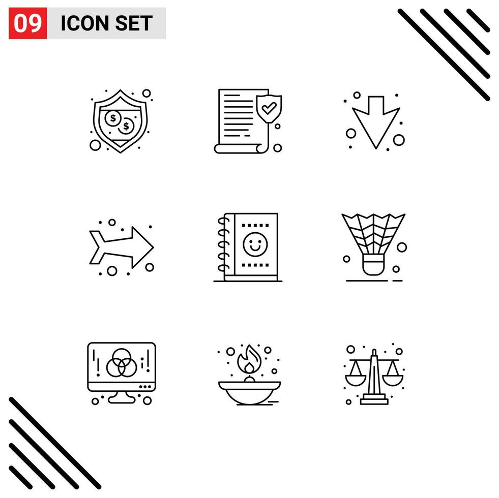 User Interface Pack of 9 Basic Outlines of shuttle badminton full planner notebook Editable Vector Design Elements