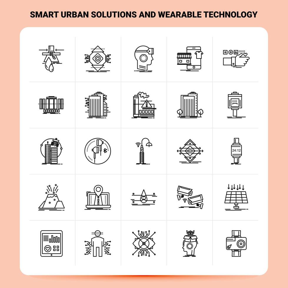 esquema 25 soluciones urbanas inteligentes y tecnología portátil conjunto de iconos diseño de estilo de línea vectorial conjunto de iconos negros paquete de pictogramas lineales diseño de ideas de negocios web y móviles ilustración vectorial vector