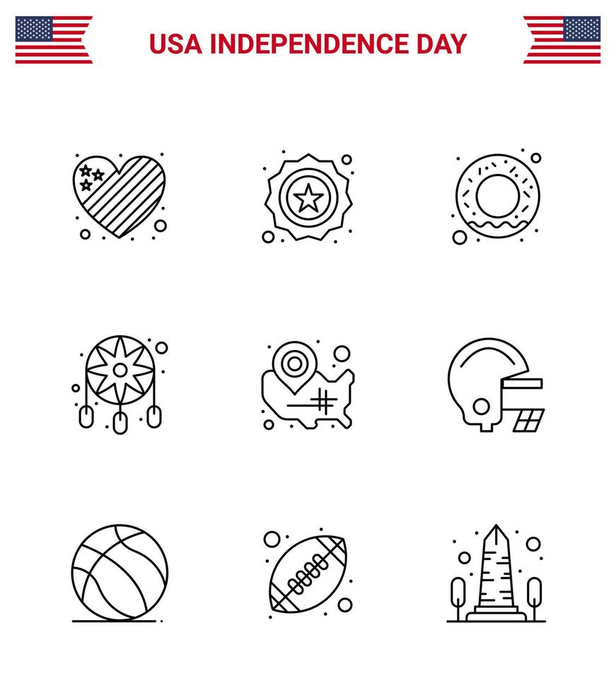 Happy Independence Day 9 Lines Icon Pack for Web and Print usa map donut western decoration Editable USA Day Vector Design Elements