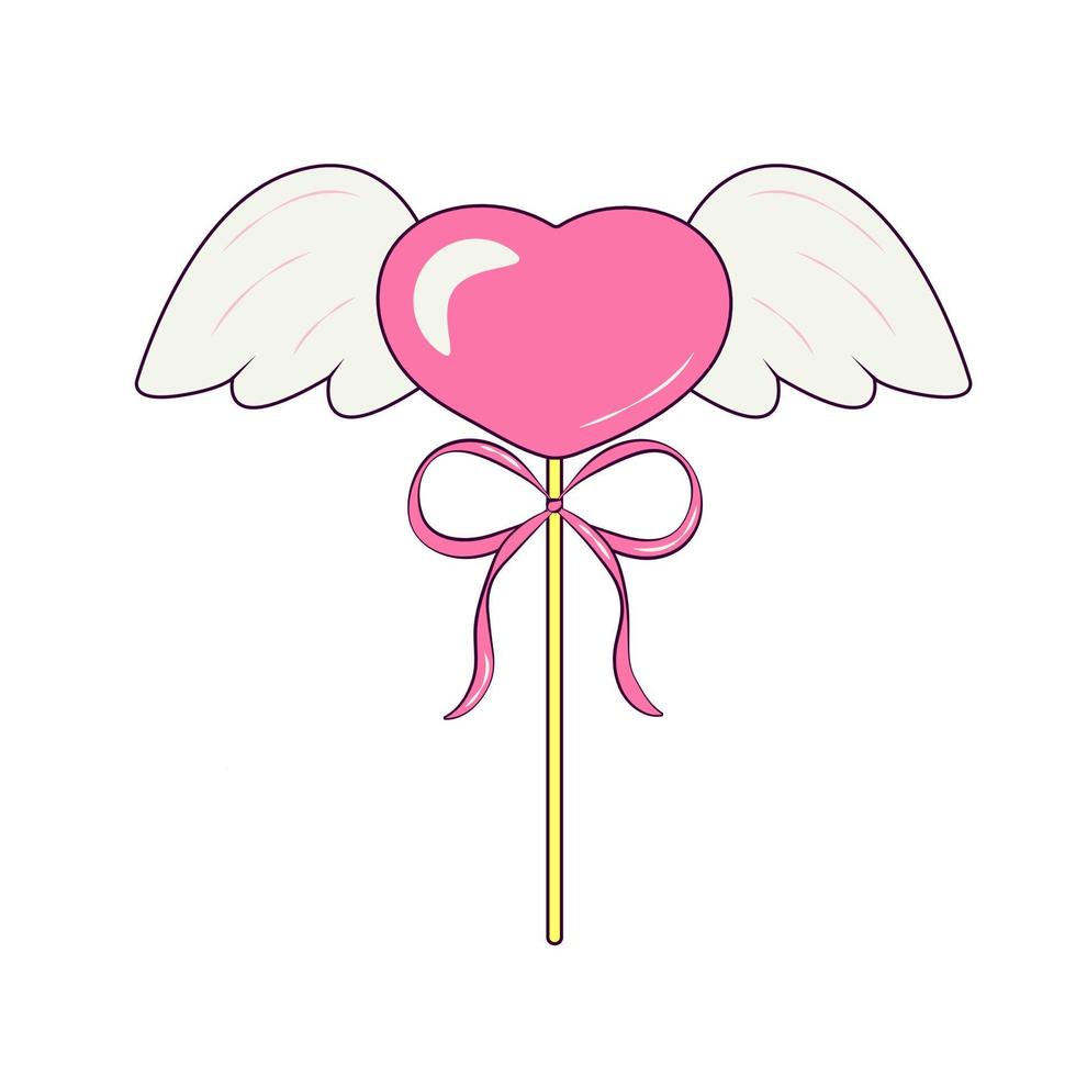 piruleta lindo corazón rosa con alas y lazo en estilo retro groovy vector