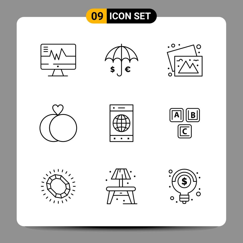 9 Black Icon Pack Outline Symbols Signs for Responsive designs on white background 9 Icons Set vector