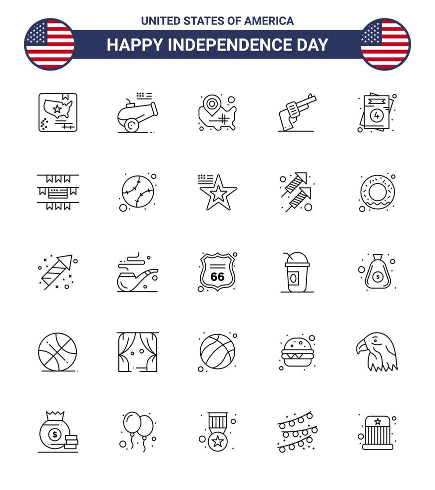 Line Pack of 25 USA Independence Day Symbols of invitation weapon map hand location pin Editable USA Day Vector Design Elements