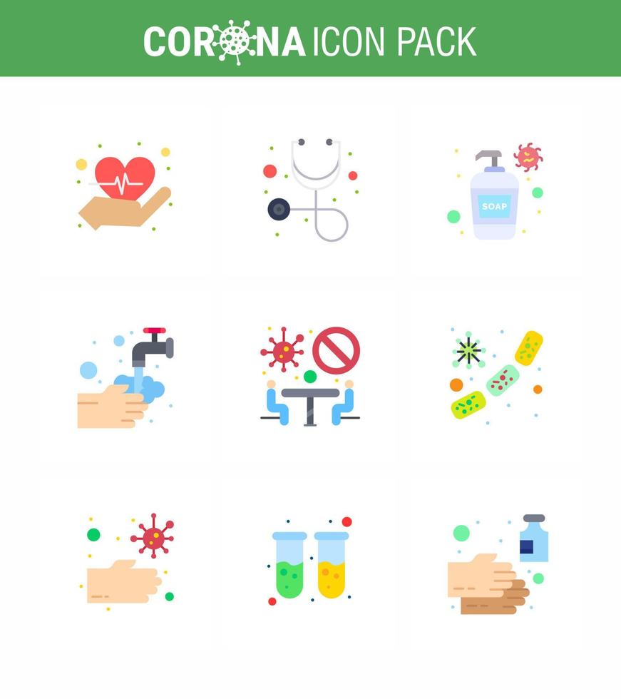 iconos de conciencia de coronavirus 9 icono de color plano relacionado con la gripe del virus de la corona, como reunirse con burbujas de jabón prohibidas, lavar coronavirus viral 2019nov, elementos de diseño de vectores de enfermedades