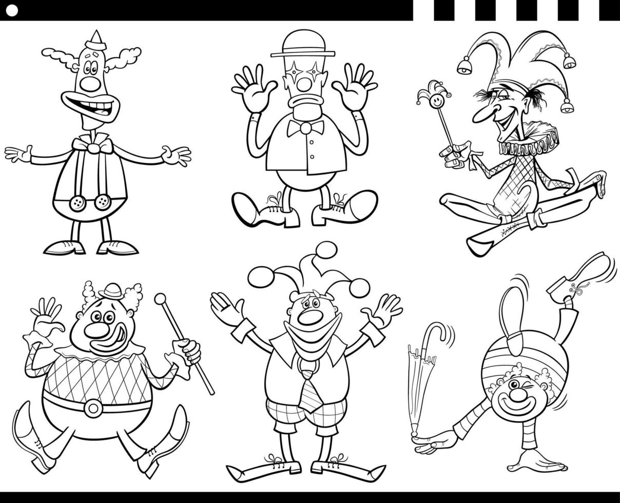 cartoon clowns comic characters set coloring page vector