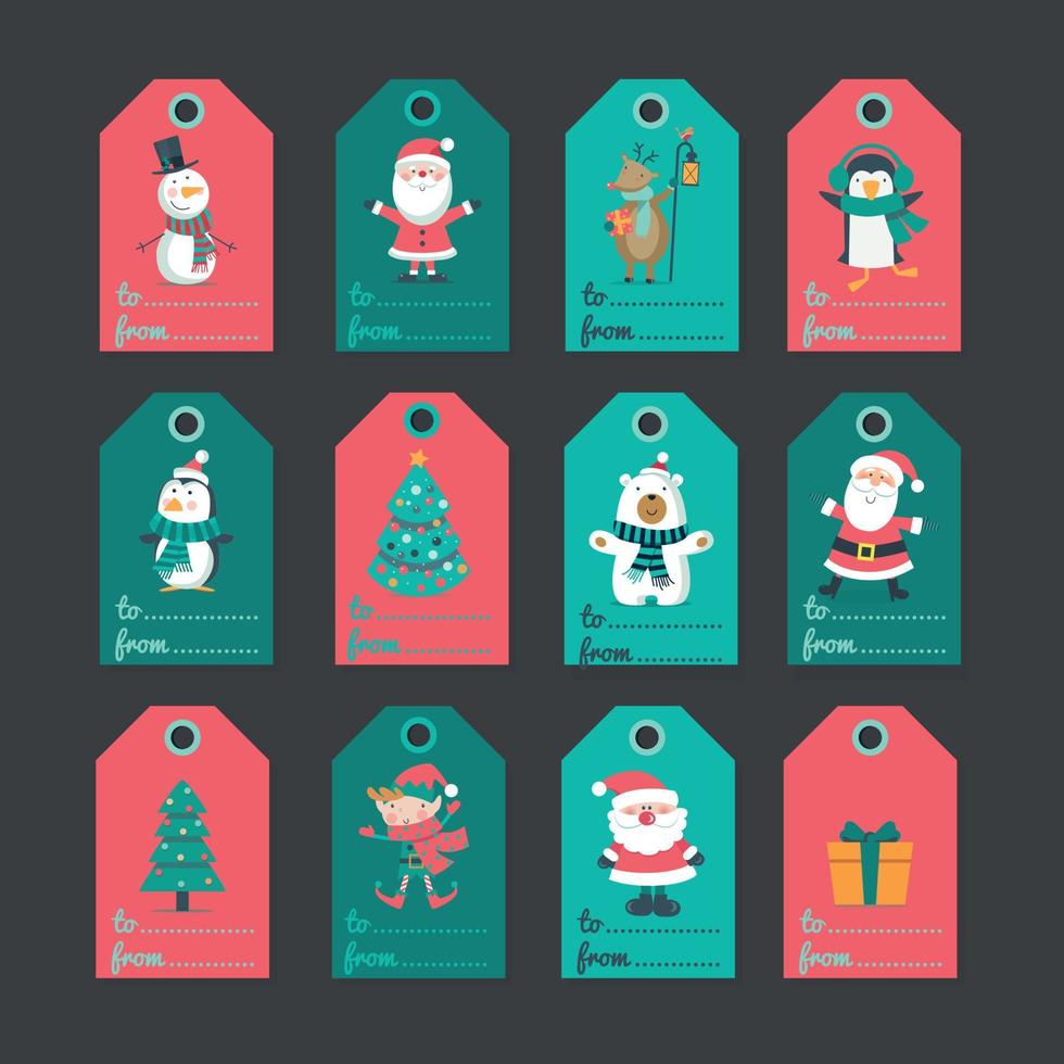 etiquetas navideñas con tipografía e íconos coloridos vector