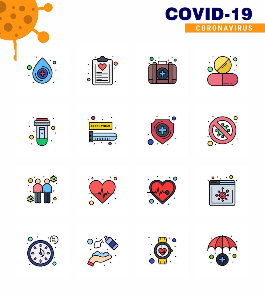 16 Flat Color Filled Line coronavirus epidemic icon pack suck as blood pill emergency medicine capsule viral coronavirus 2019nov disease Vector Design Elements