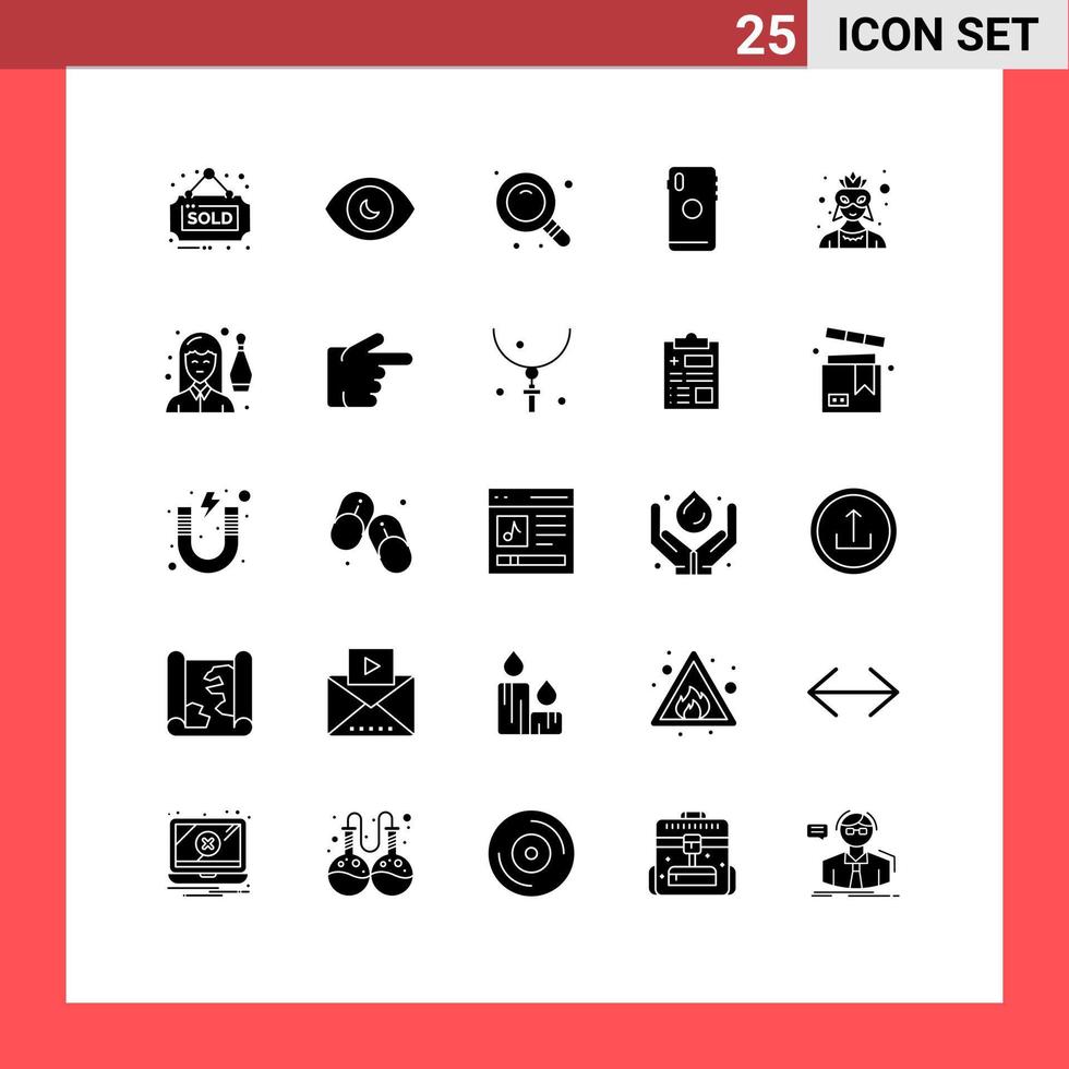25 Thematic Vector Solid Glyphs and Editable Symbols of avatar camera search back side smart phone Editable Vector Design Elements