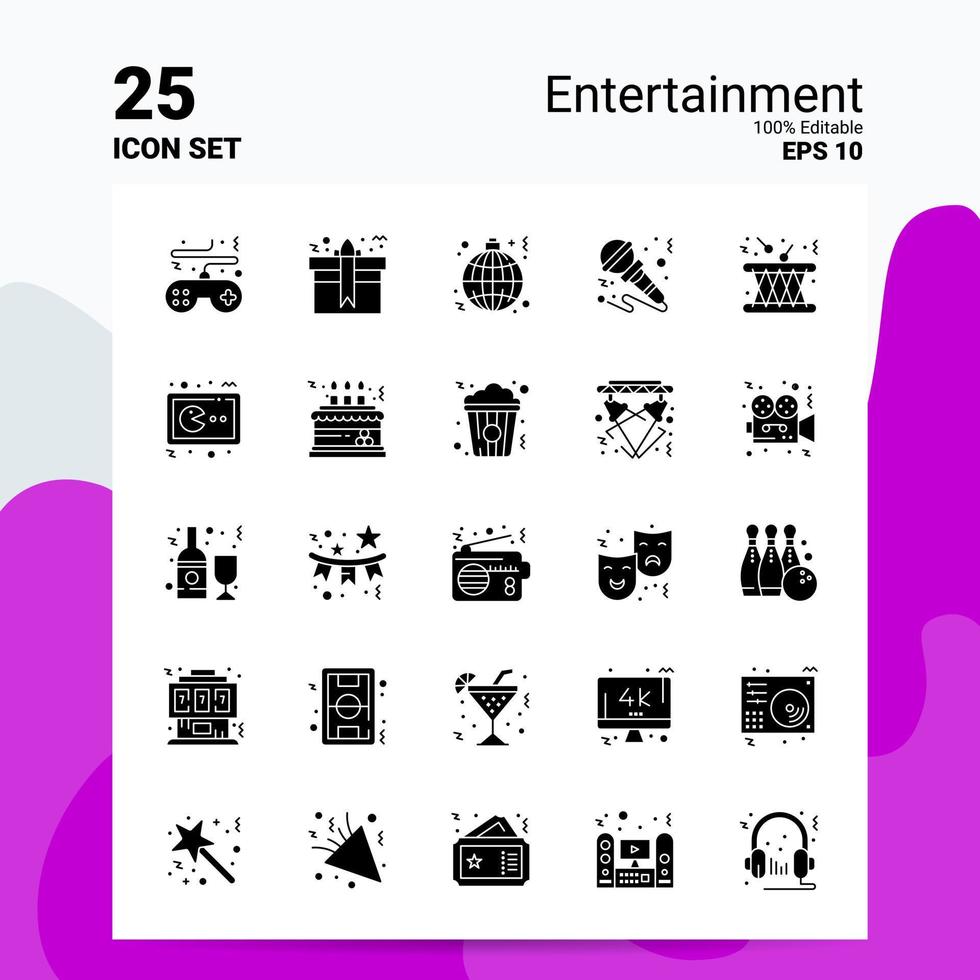 25 Entertainment Icon Set 100 Editable EPS 10 Files Business Logo Concept Ideas Solid Glyph icon design vector