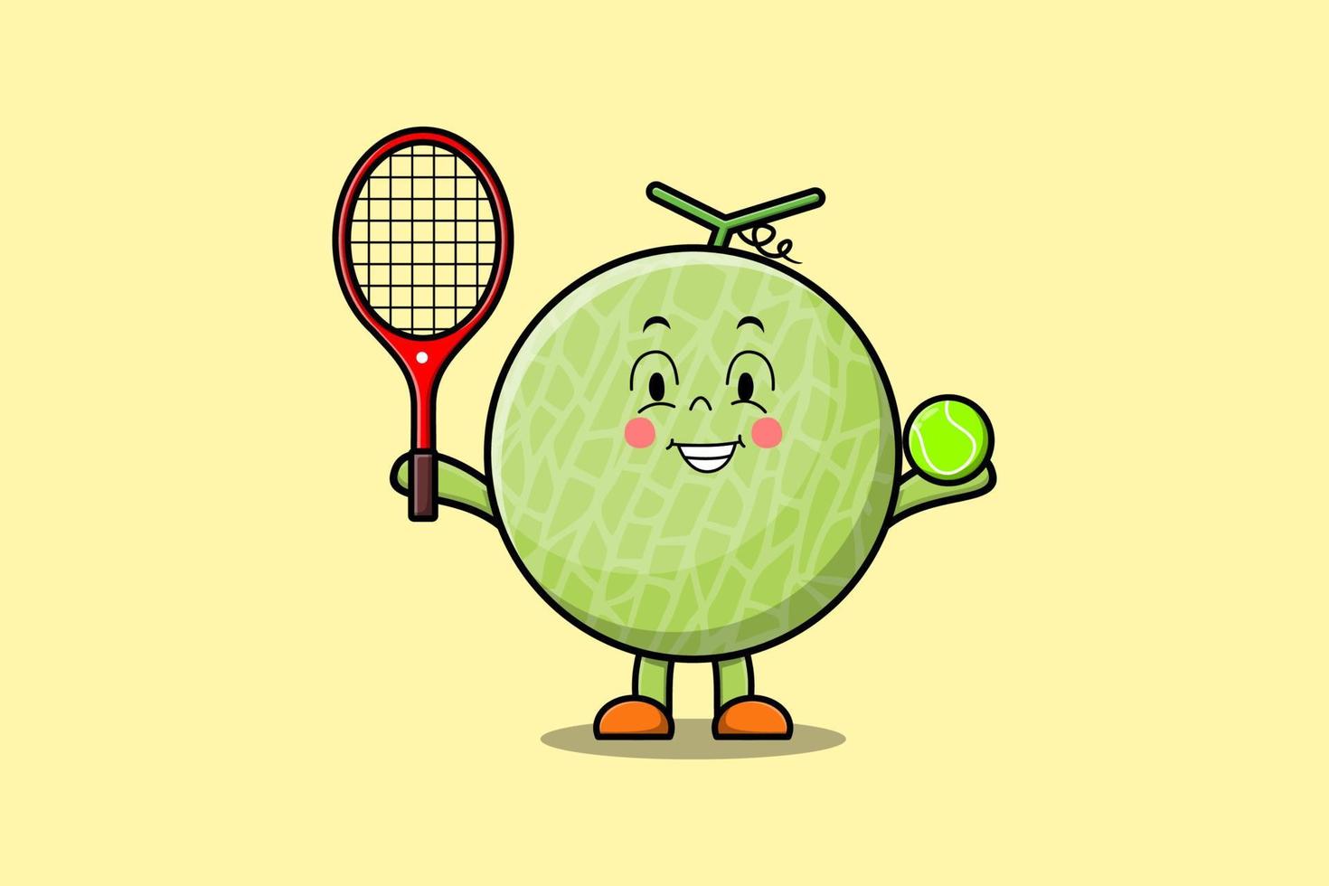 Cute cartoon Melon character playing tennis field vector