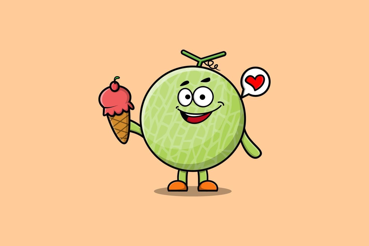 lindo personaje de dibujos animados de melón con helado vector