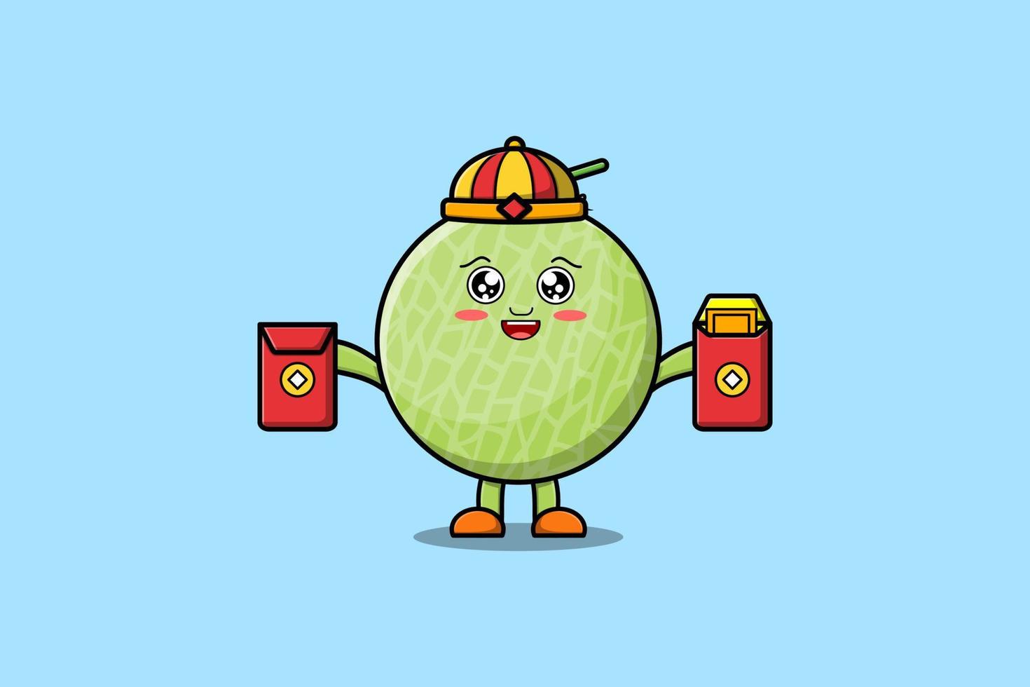 dibujos animados lindo melón chino con paquetes rojos vector