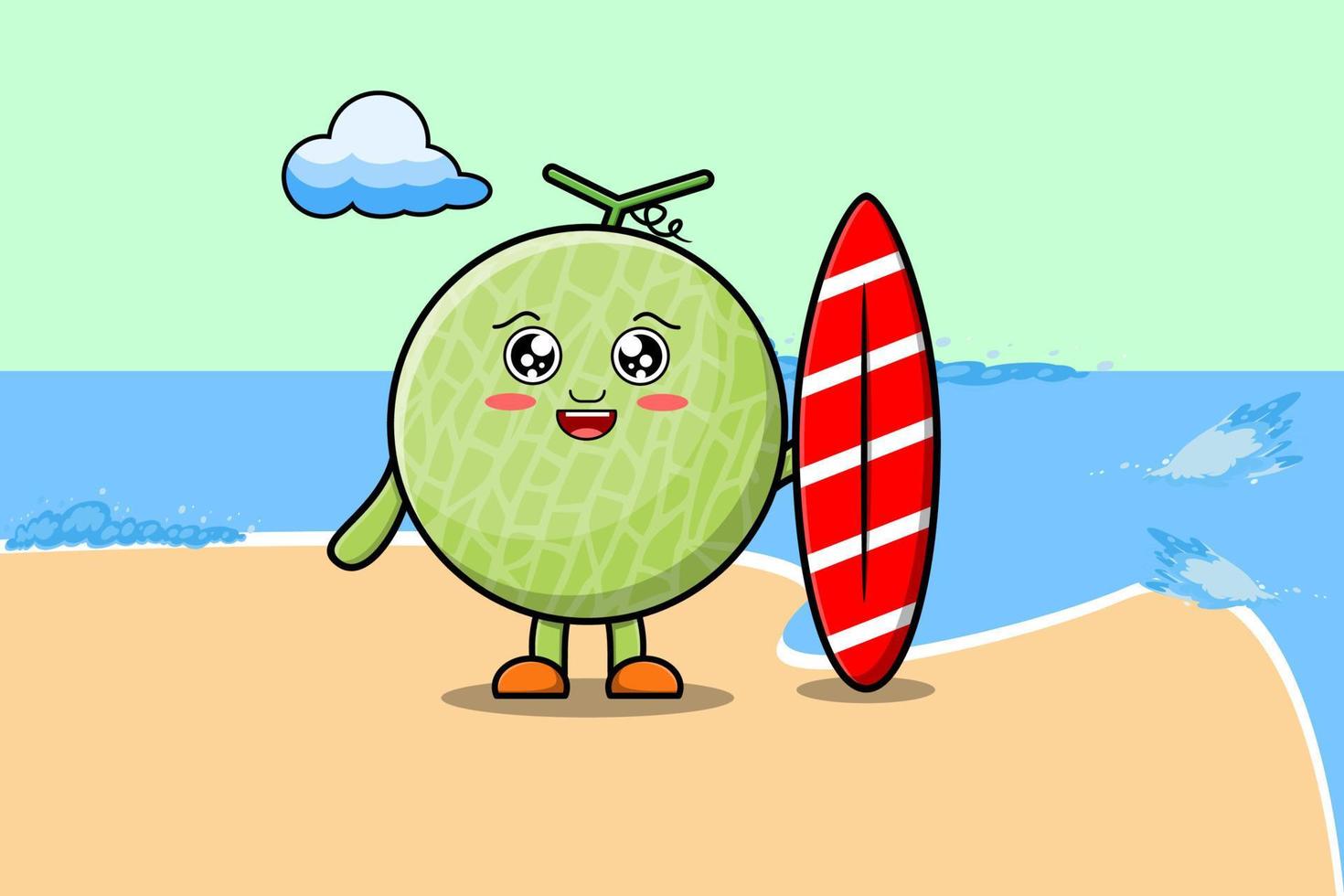lindo personaje de dibujos animados de melón jugando al surf vector