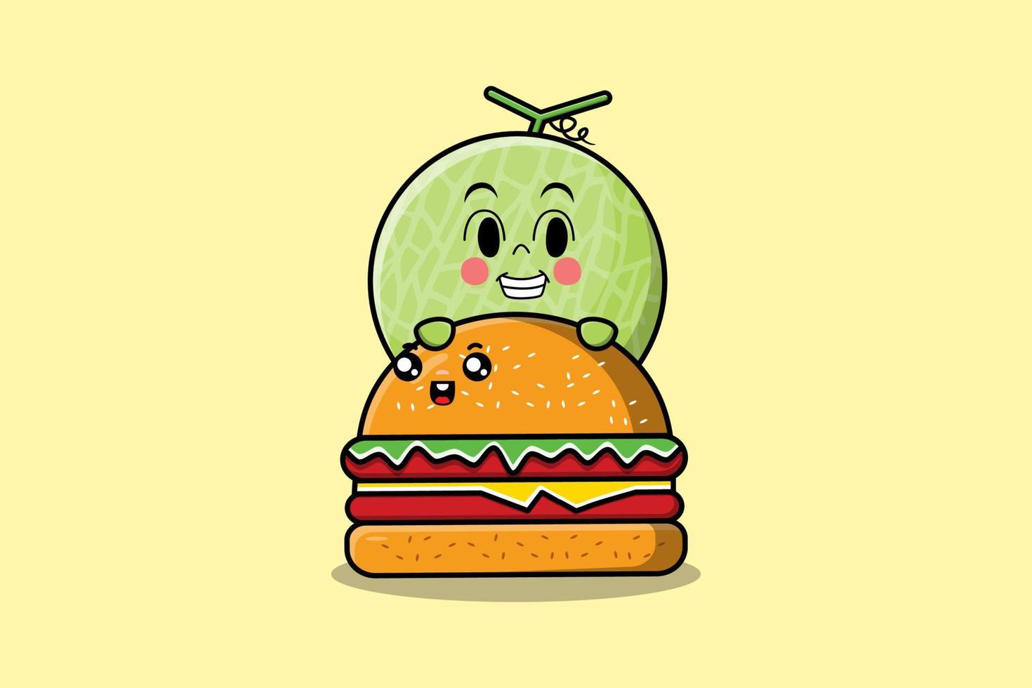 lindo personaje de dibujos animados de melón escondido en hamburguesa vector