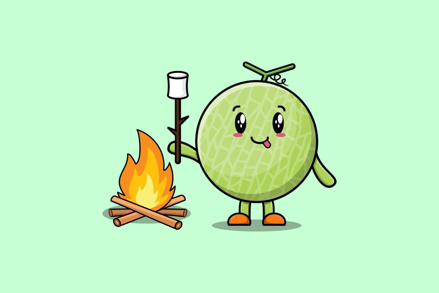lindo personaje de dibujos animados de melón quemando malvavisco vector