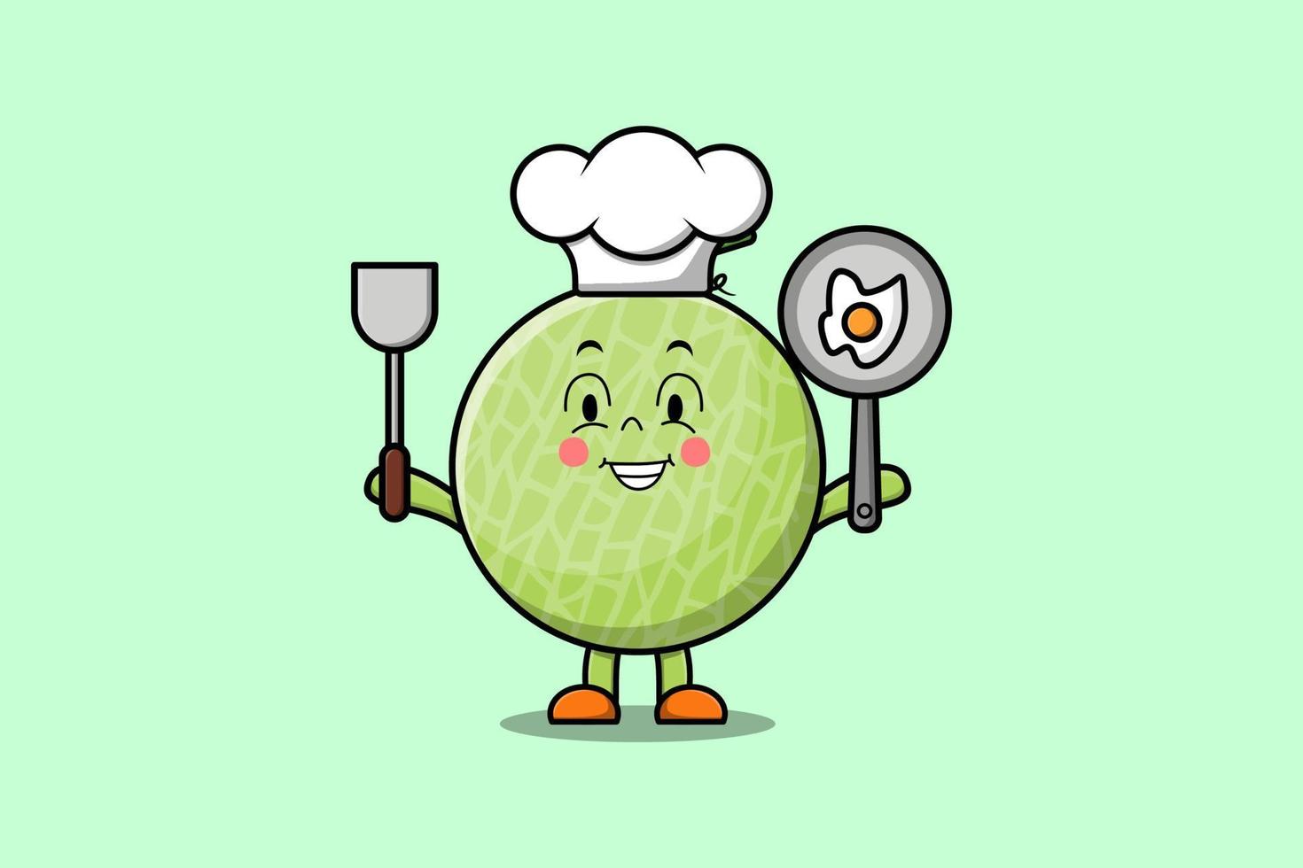 chef de melón de dibujos animados lindo con sartén y espátula vector