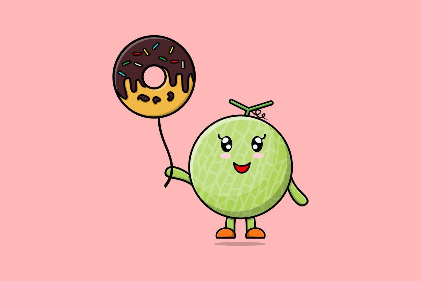 melón de dibujos animados lindo flotando con globo de donas vector