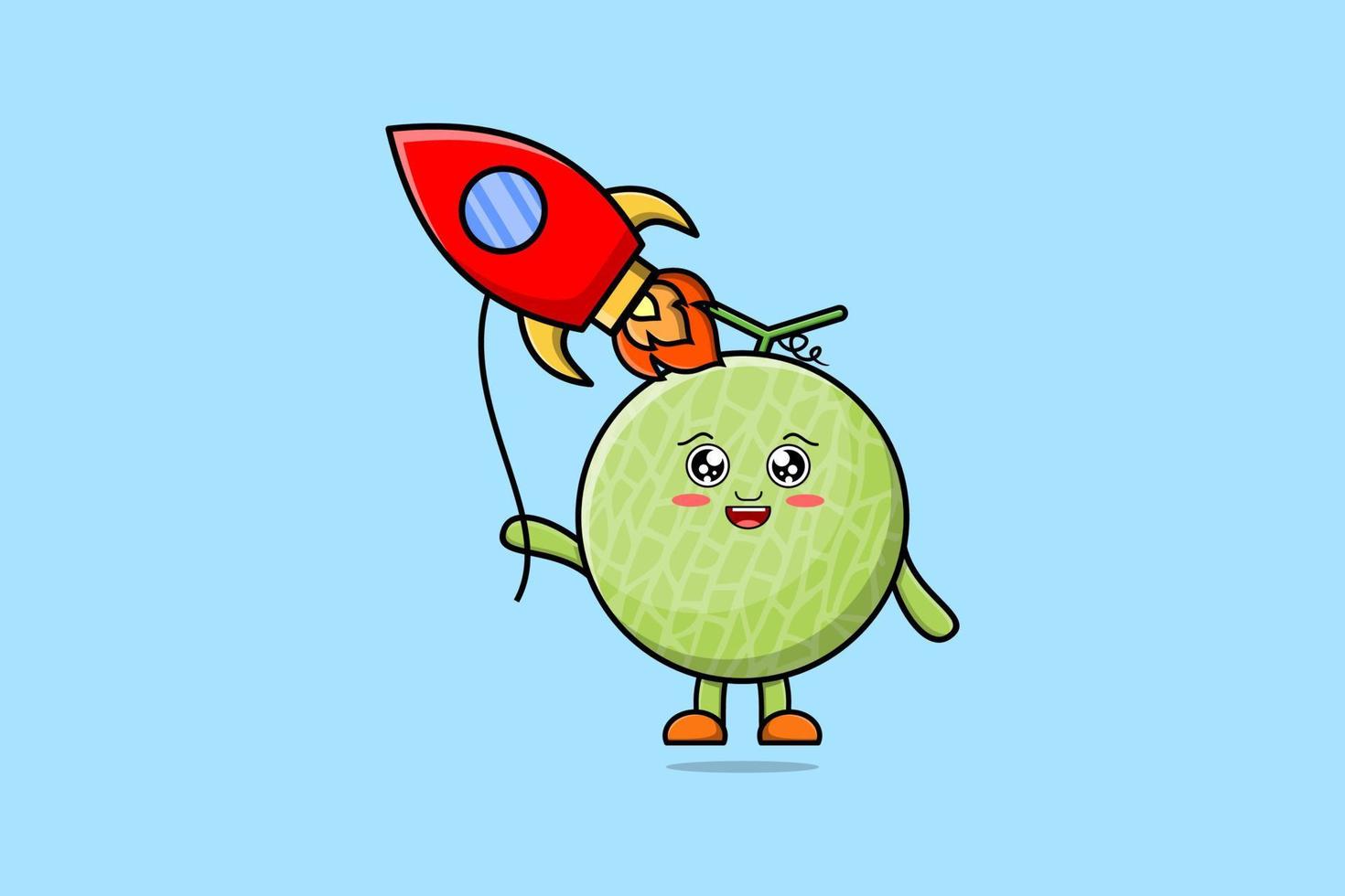 lindo melón de dibujos animados flotando con globo cohete vector