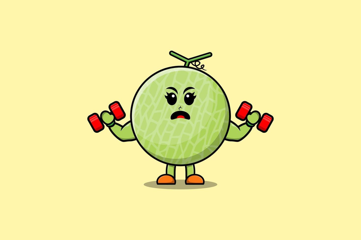 lindo personaje de dibujos animados de melón fitness con barra vector