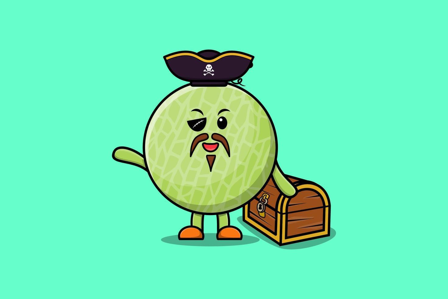 Pirata de melón de dibujos animados lindo con caja del tesoro vector