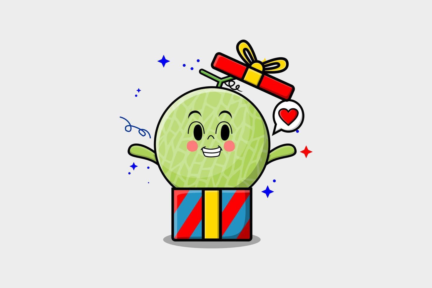 lindo melón de dibujos animados que sale de una gran caja de regalo vector